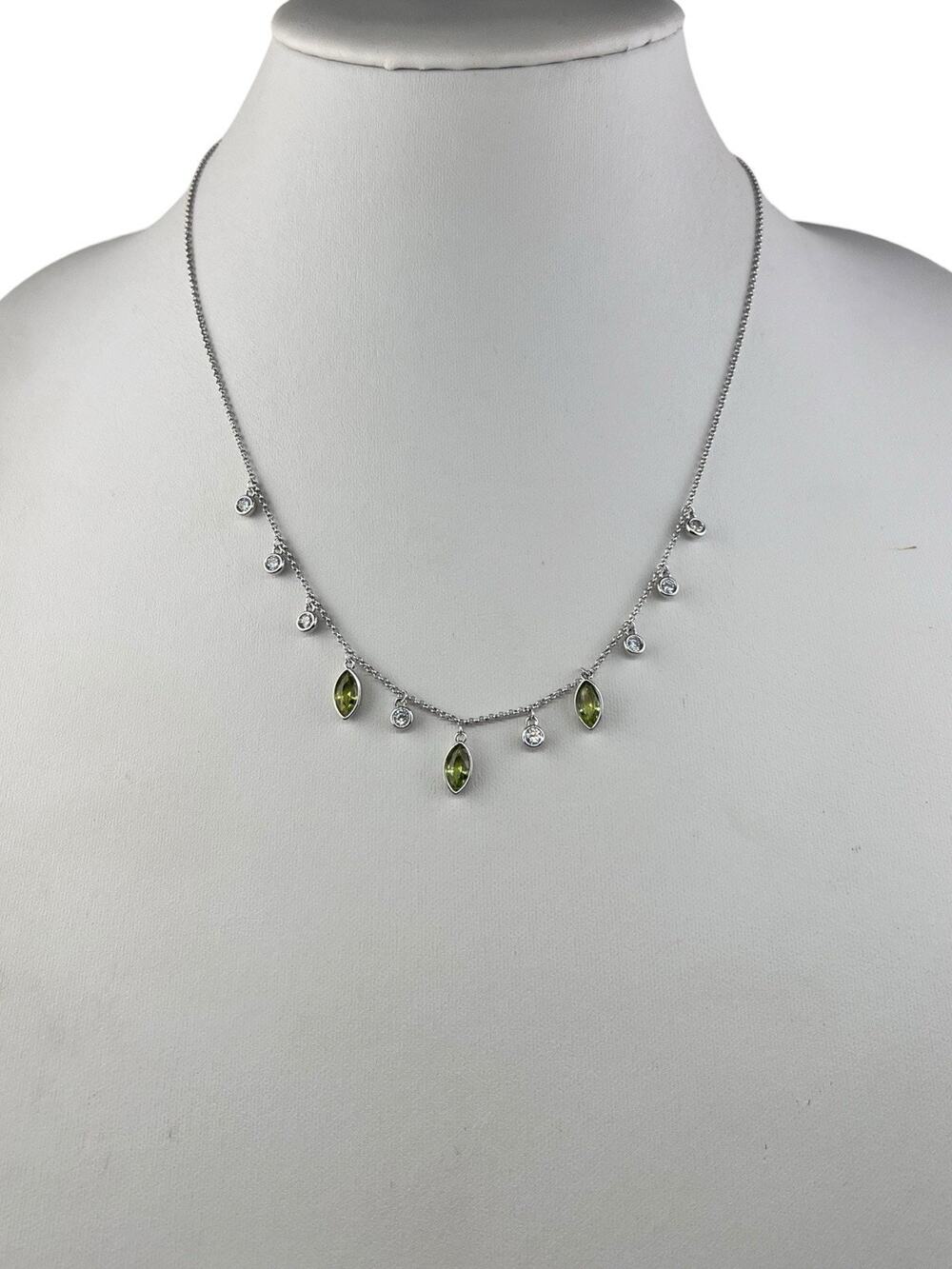 Bomb Party 19"+ Silver Tone Necklace Clear & Green Dangles